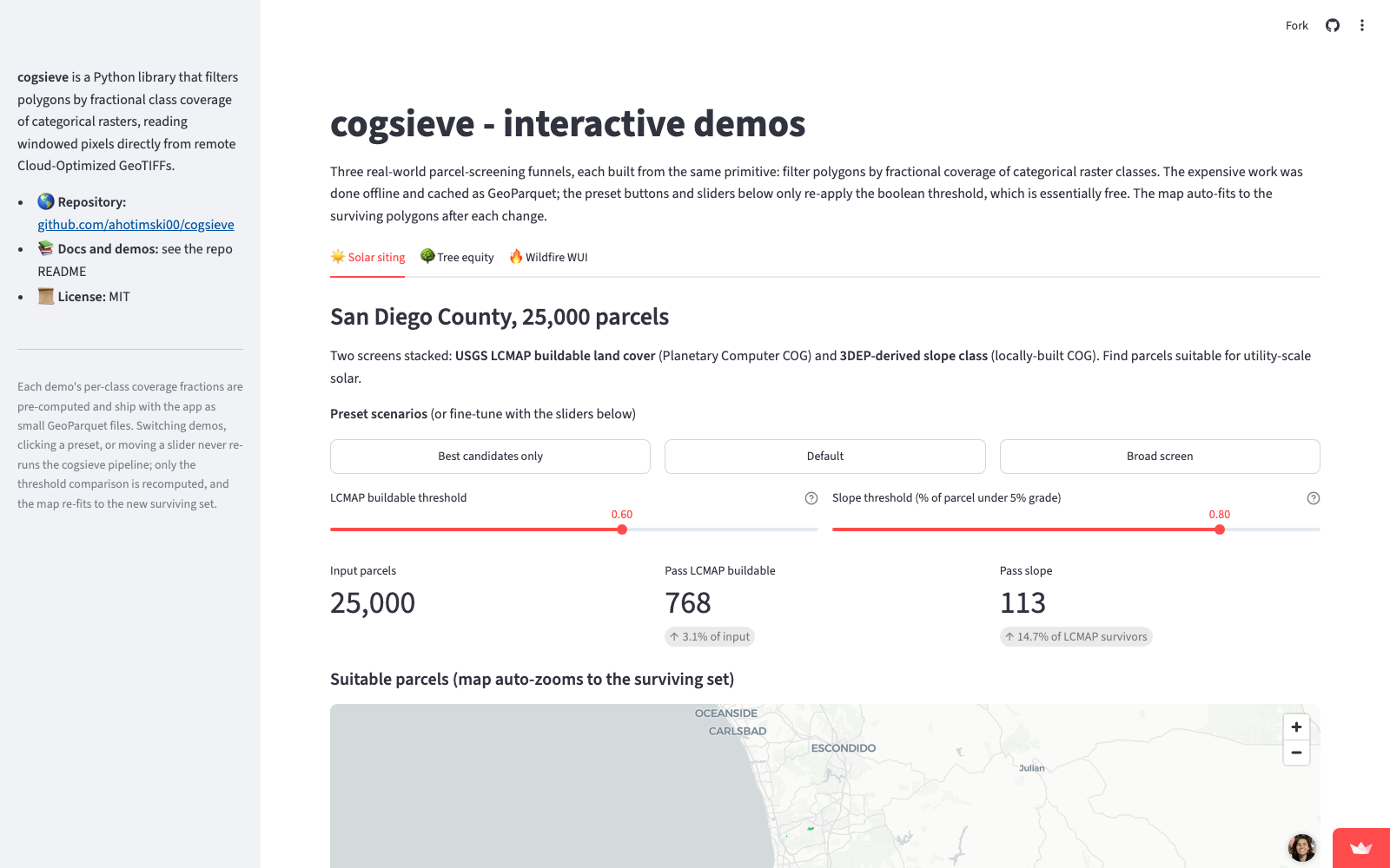cogsieve interactive solar-siting demo, San Diego County: threshold sliders, funnel stats, suitable parcels on a map