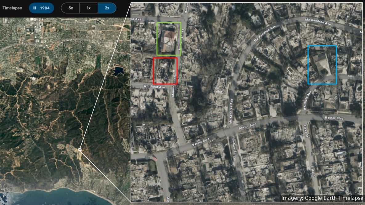Post-fire aerial of the Palisades burn zone, with boxes marking homes that survived amid destroyed blocks