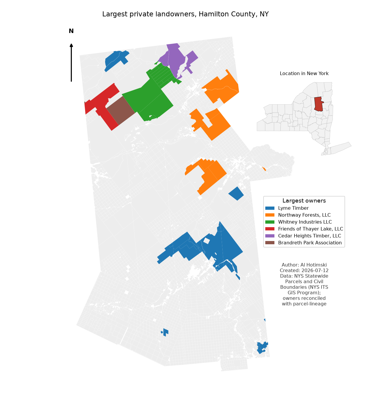 Map of Hamilton County parcels with the six largest private owners colored